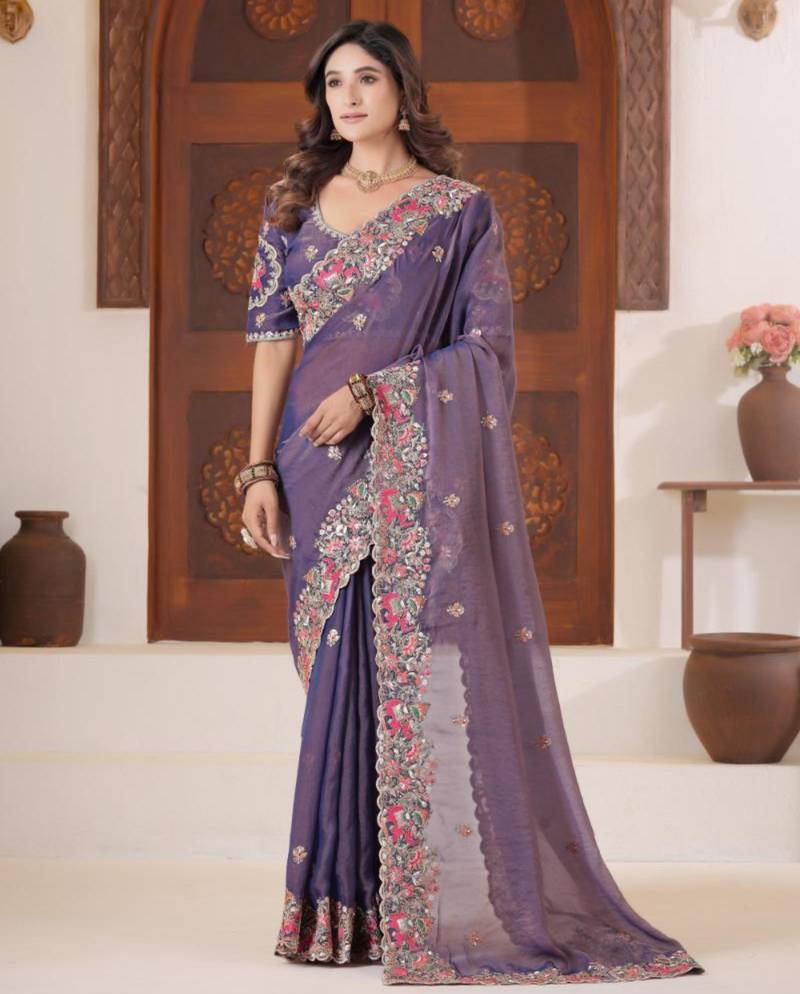 New collection deep purple embroidered elephant shimmer saree with unstitched blouse