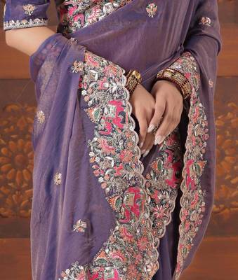 New collection deep purple embroidered elephant shimmer saree with unstitched blouse 2