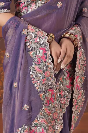 New collection deep purple embroidered elephant shimmer saree with unstitched blouse