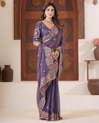 New collection deep purple embroidered elephant shimmer saree with unstitched blouse 3