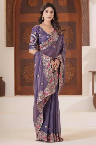 New collection deep purple embroidered elephant shimmer saree with unstitched blouse