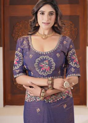 New collection deep purple embroidered elephant shimmer saree with unstitched blouse 4
