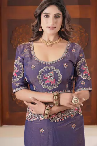 New collection deep purple embroidered elephant shimmer saree with unstitched blouse