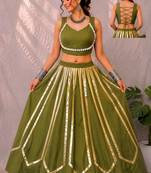 green rayon printed traditional lehenga choli with free size upto 42