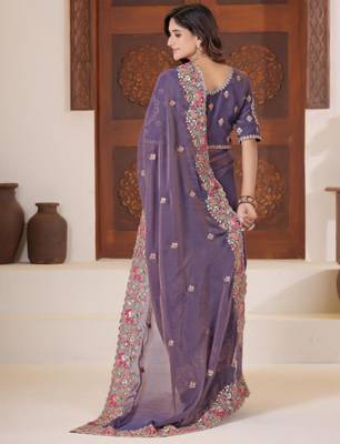 New collection deep purple embroidered elephant shimmer saree with unstitched blouse 5
