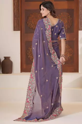 New collection deep purple embroidered elephant shimmer saree with unstitched blouse