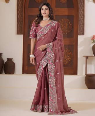 Latest dusty pink embroidered elephant shimmer saree with unstitched blouse 1