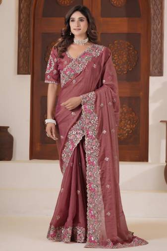 Latest dusty pink embroidered elephant shimmer saree with unstitched blouse