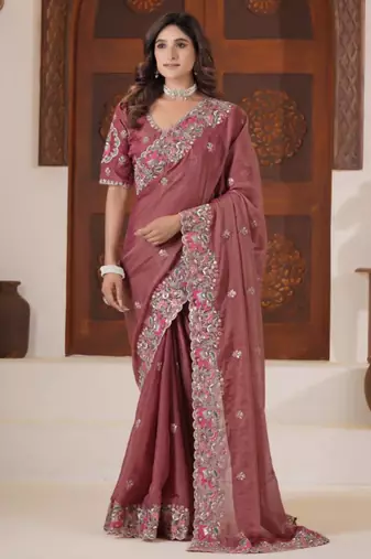 Latest dusty pink embroidered elephant shimmer saree with unstitched blouse