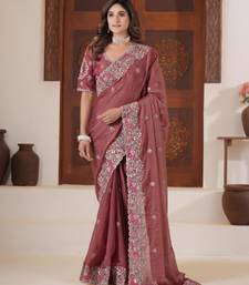 Latest dusty pink embroidered elephant shimmer saree with unstitched blouse