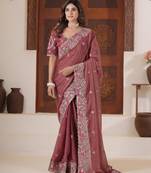Latest dusty pink embroidered elephant shimmer saree with unstitched blouse