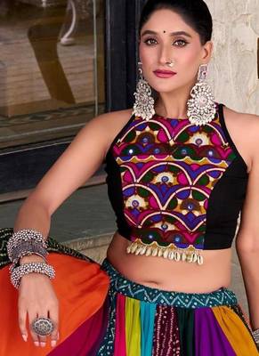 multicolor rayon printed traditional lehenga choli with free size upto 42 1