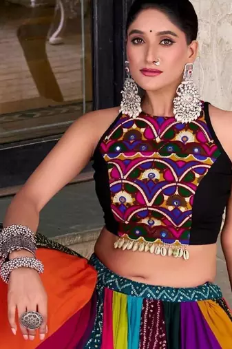 multicolor rayon printed traditional lehenga choli with free size upto 42