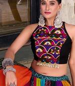 multicolor rayon printed traditional lehenga choli with free size upto 42
