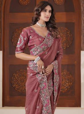 Latest dusty pink embroidered elephant shimmer saree with unstitched blouse 2
