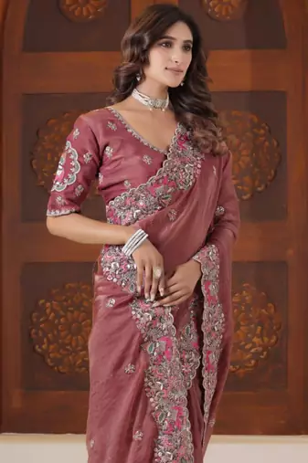 Latest dusty pink embroidered elephant shimmer saree with unstitched blouse