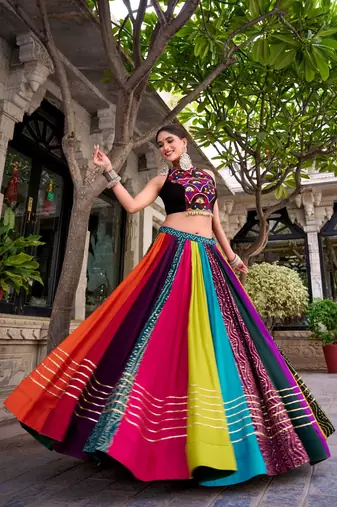 multicolor rayon printed traditional lehenga choli with free size upto 42