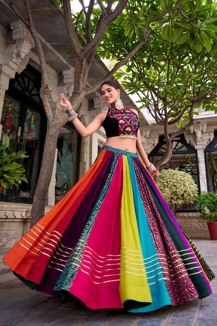multicolor rayon printed traditional lehenga choli with free size upto 42
