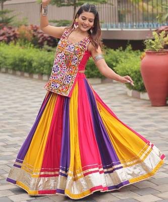 multicolor cotton silk printed traditional lehenga choli with free size upto 44 1