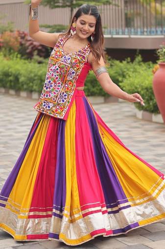 multicolor cotton silk printed traditional lehenga choli with free size upto 44