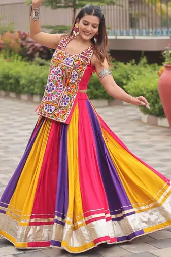 multicolor cotton silk printed traditional lehenga choli with free size upto 44