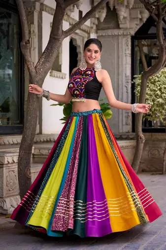 multicolor rayon printed traditional lehenga choli with free size upto 42