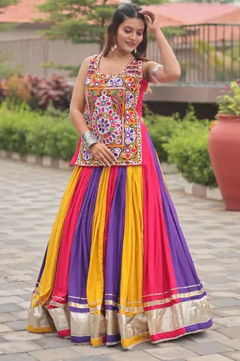 multicolor cotton silk printed traditional lehenga choli with free size upto 44