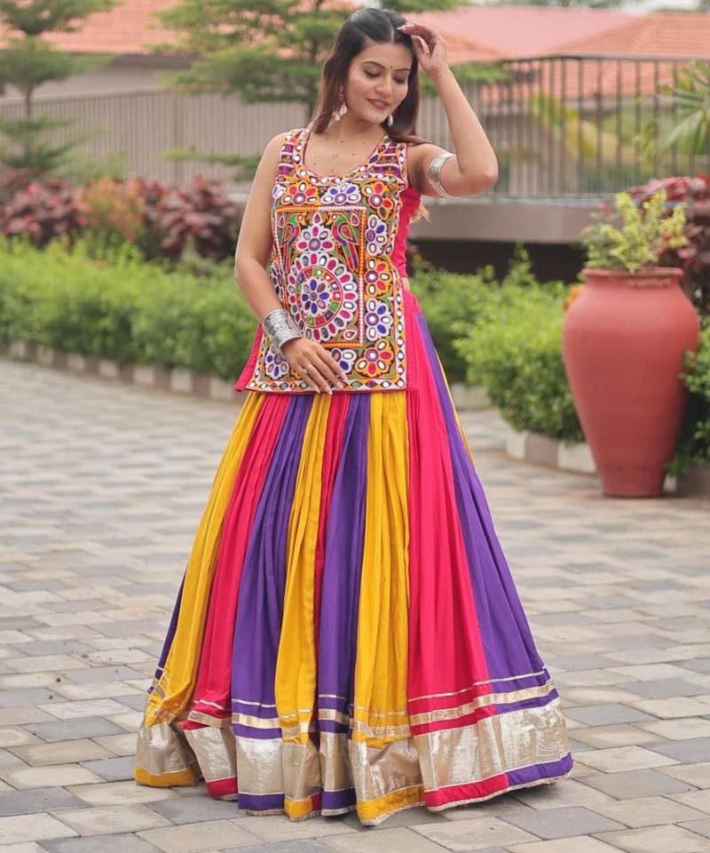 multicolor cotton silk printed traditional lehenga choli with free size upto 44