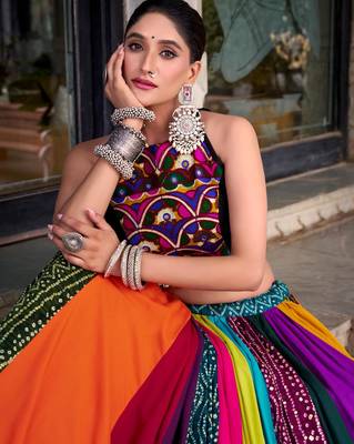 multicolor rayon printed traditional lehenga choli with free size upto 42 4