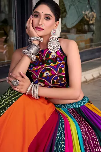 multicolor rayon printed traditional lehenga choli with free size upto 42