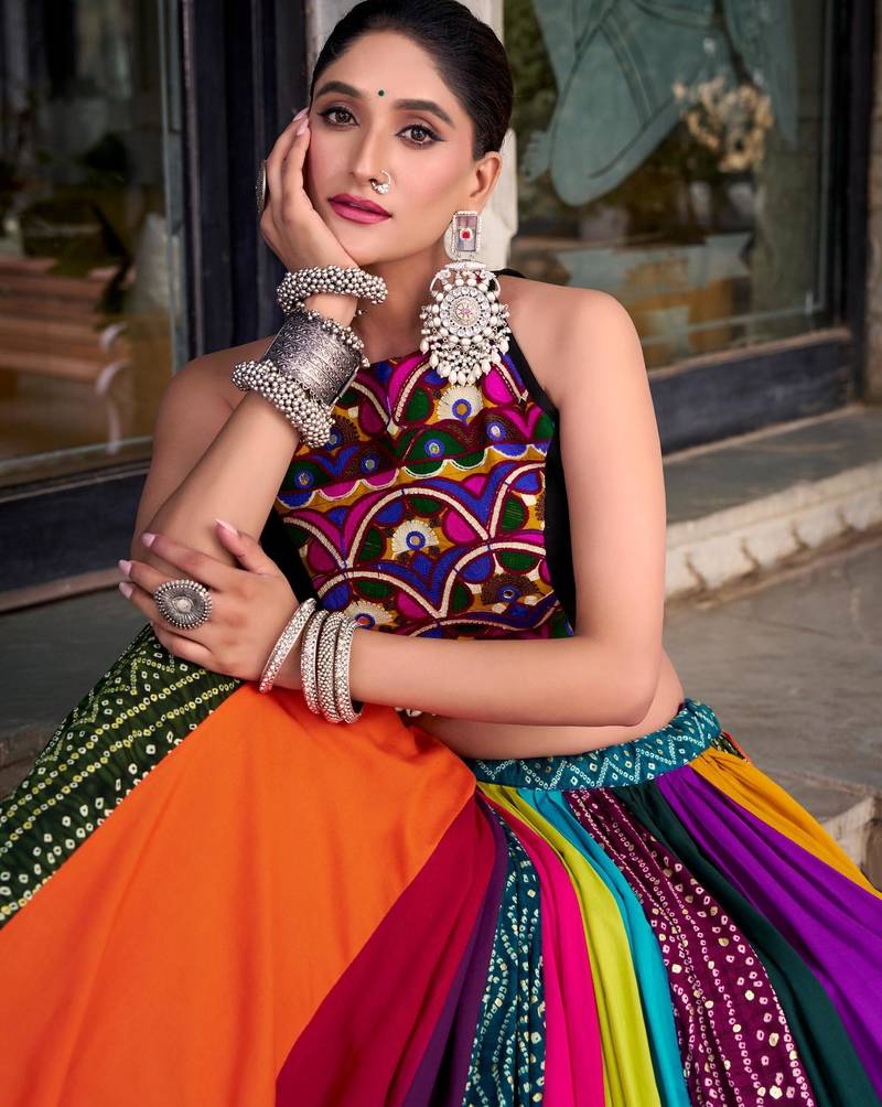 multicolor rayon printed traditional lehenga choli with free size upto 42