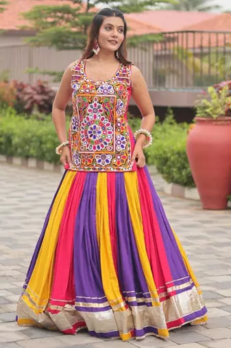 multicolor cotton silk printed traditional lehenga choli with free size upto 44