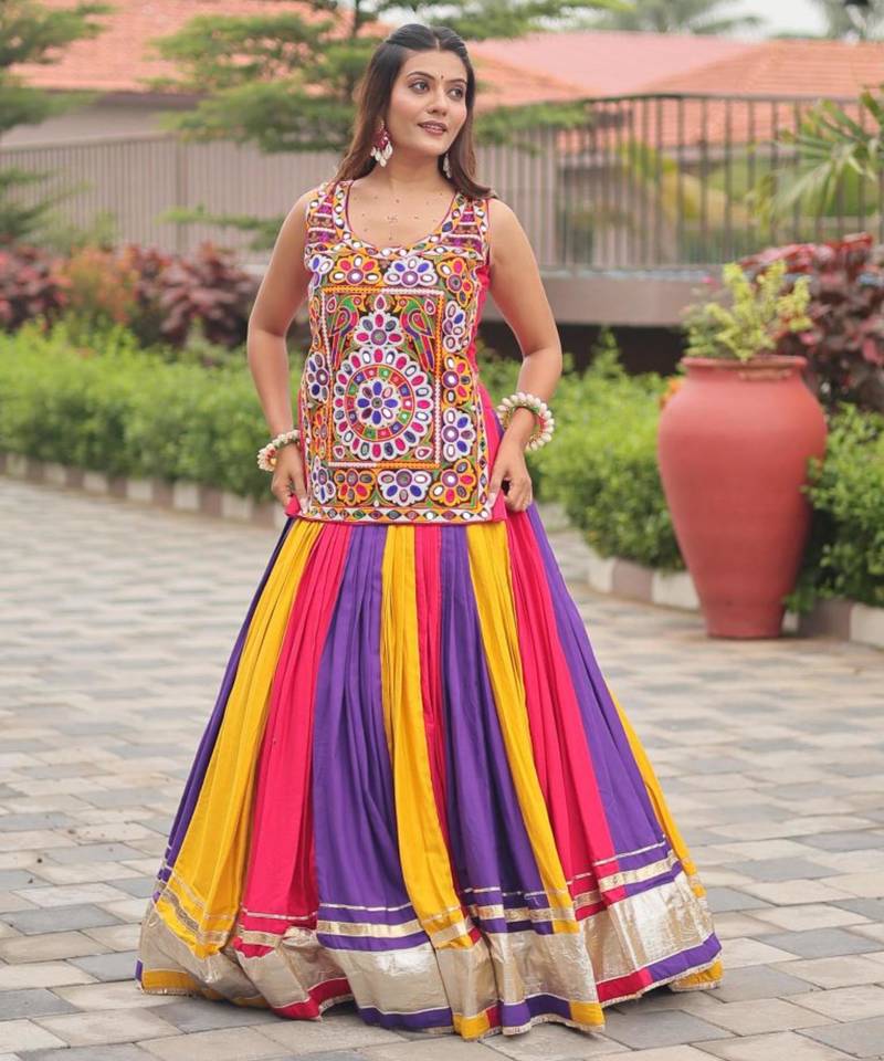 multicolor cotton silk printed traditional lehenga choli with free size upto 44
