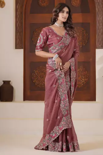 Latest dusty pink embroidered elephant shimmer saree with unstitched blouse
