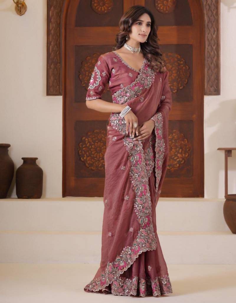 Latest dusty pink embroidered elephant shimmer saree with unstitched blouse