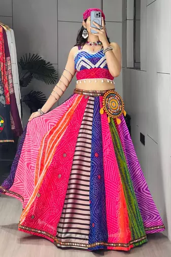 multicolor faux georgette printed traditional lehenga choli with free size upto 42