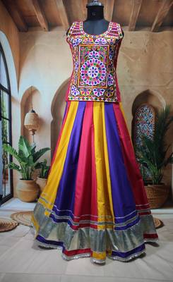 multicolor cotton silk printed traditional lehenga choli with free size upto 44 4