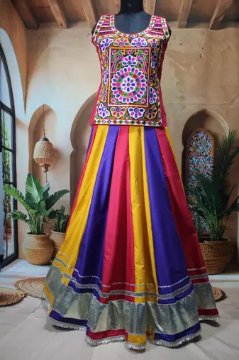 multicolor cotton silk printed traditional lehenga choli with free size upto 44