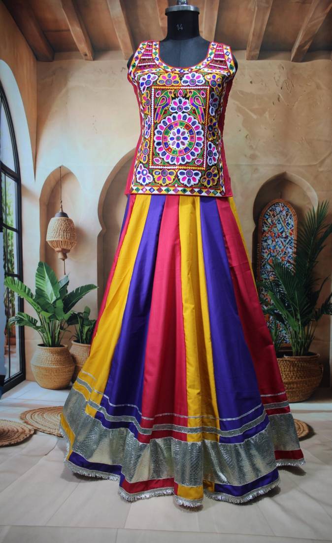 multicolor cotton silk printed traditional lehenga choli with free size upto 44
