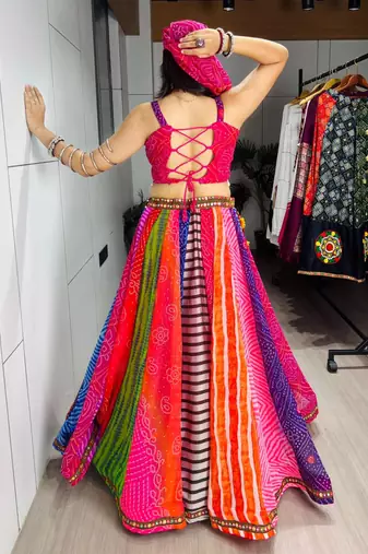 multicolor faux georgette printed traditional lehenga choli with free size upto 42