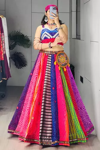 multicolor faux georgette printed traditional lehenga choli with free size upto 42