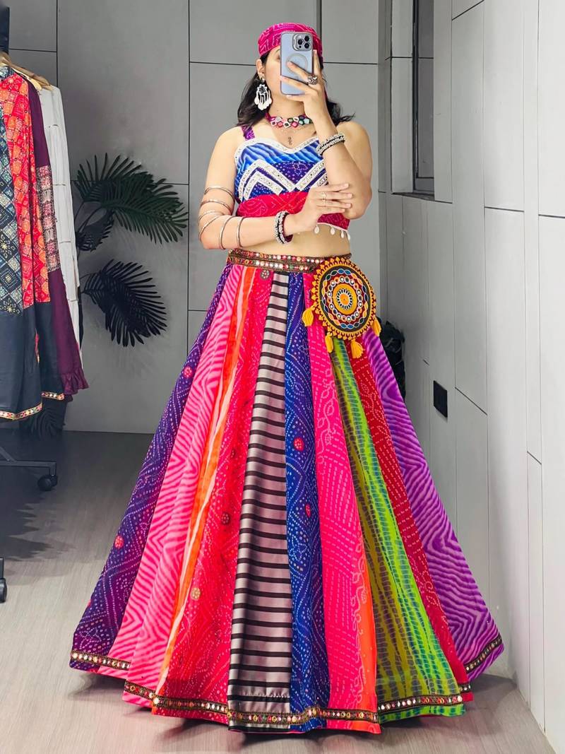 multicolor faux georgette printed traditional lehenga choli with free size upto 42