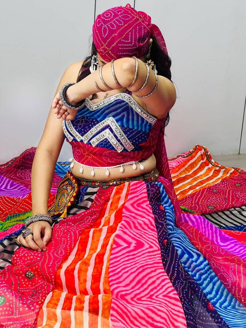 multicolor faux georgette printed traditional lehenga choli with free size upto 42