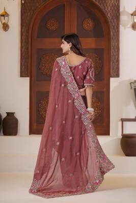 Latest dusty pink embroidered elephant shimmer saree with unstitched blouse 4