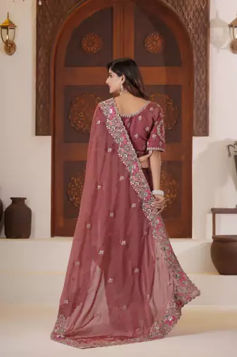 Latest dusty pink embroidered elephant shimmer saree with unstitched blouse