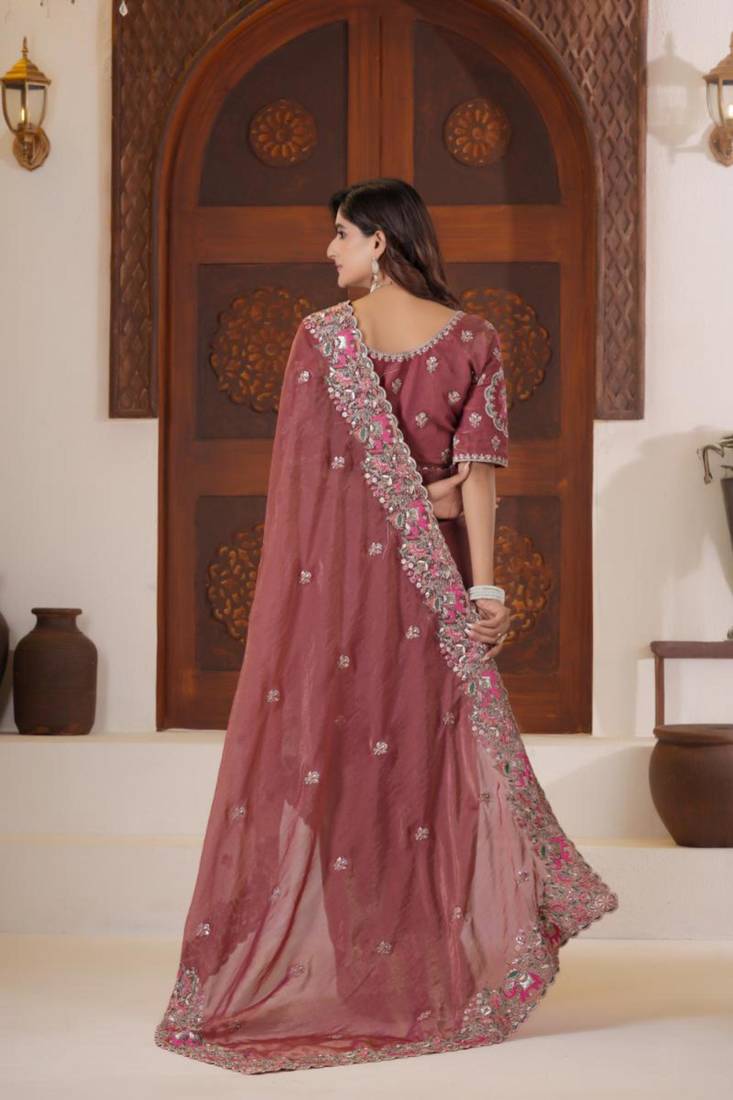 Latest dusty pink embroidered elephant shimmer saree with unstitched blouse