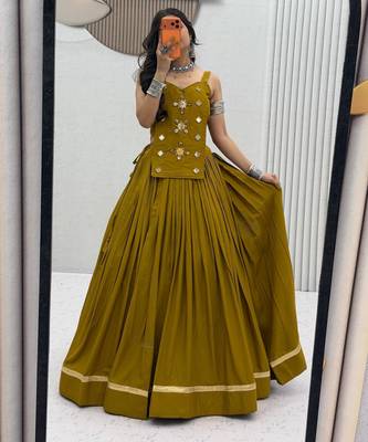olive cotton silk handmade traditional lehenga choli with free size upto 44 1