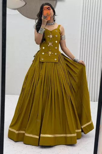 olive cotton silk handmade traditional lehenga choli with free size upto 44