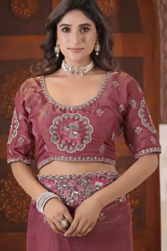 Latest dusty pink embroidered elephant shimmer saree with unstitched blouse