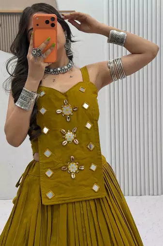 olive cotton silk handmade traditional lehenga choli with free size upto 44